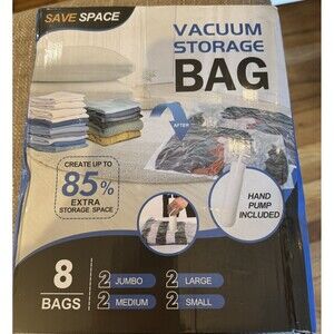 SaveSpace Set (8) Vacuum Storage Bags Vacuum Sealed with Pump New
